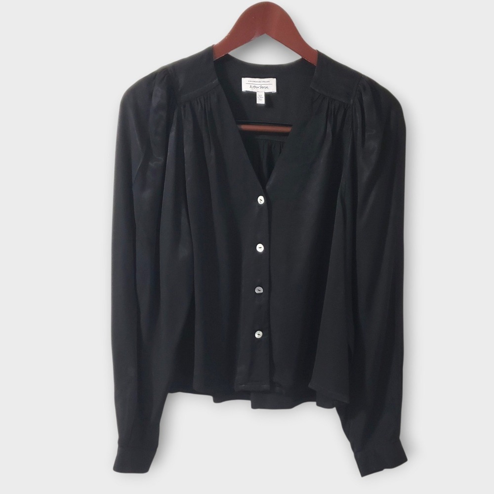 & Other Stories Black Satin Textured V-Neck Button Front Blouse Top US 2